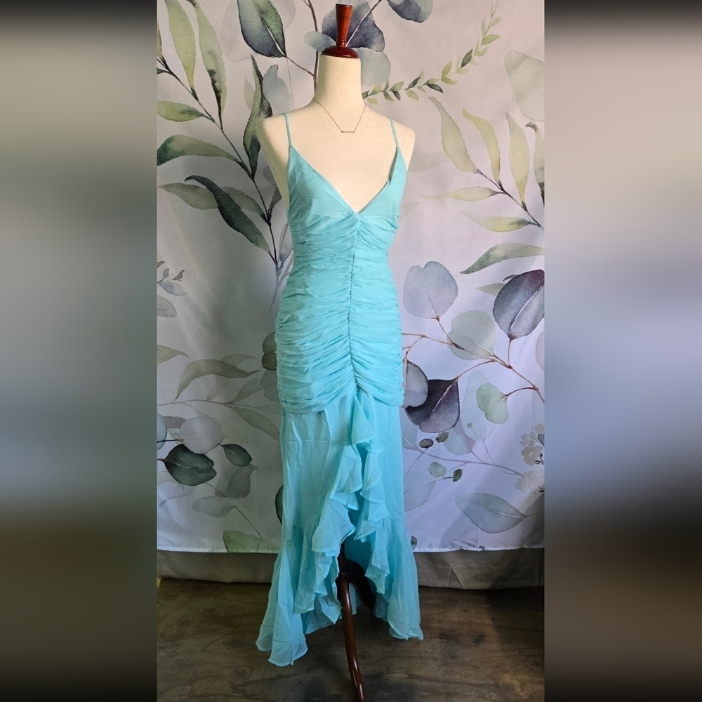ASOS | Ruched Front High Low Frill Maxi Prom Dress in Aqua sz 2